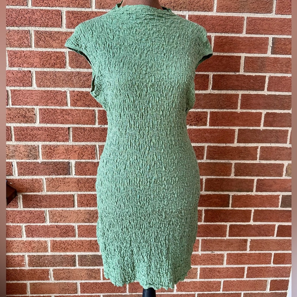 Green Knit Textured Short Bodycon Dress, Stretch Mock Neck Cap Sleeve, XS